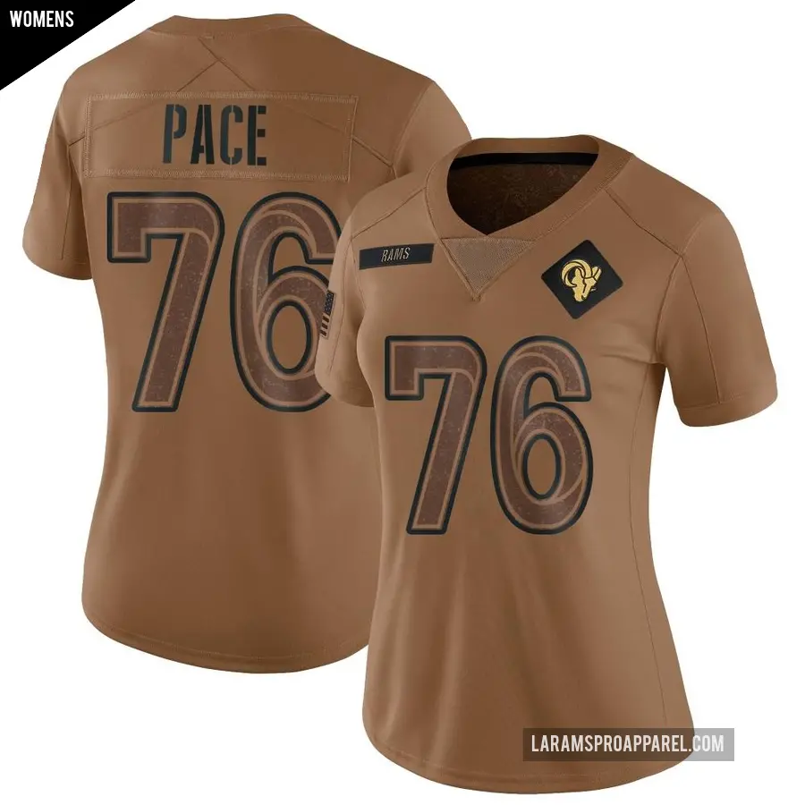 Women's Los Angeles Rams ＃76 Orlando Pace Brown Limited 2023 Salute To Service Jersey