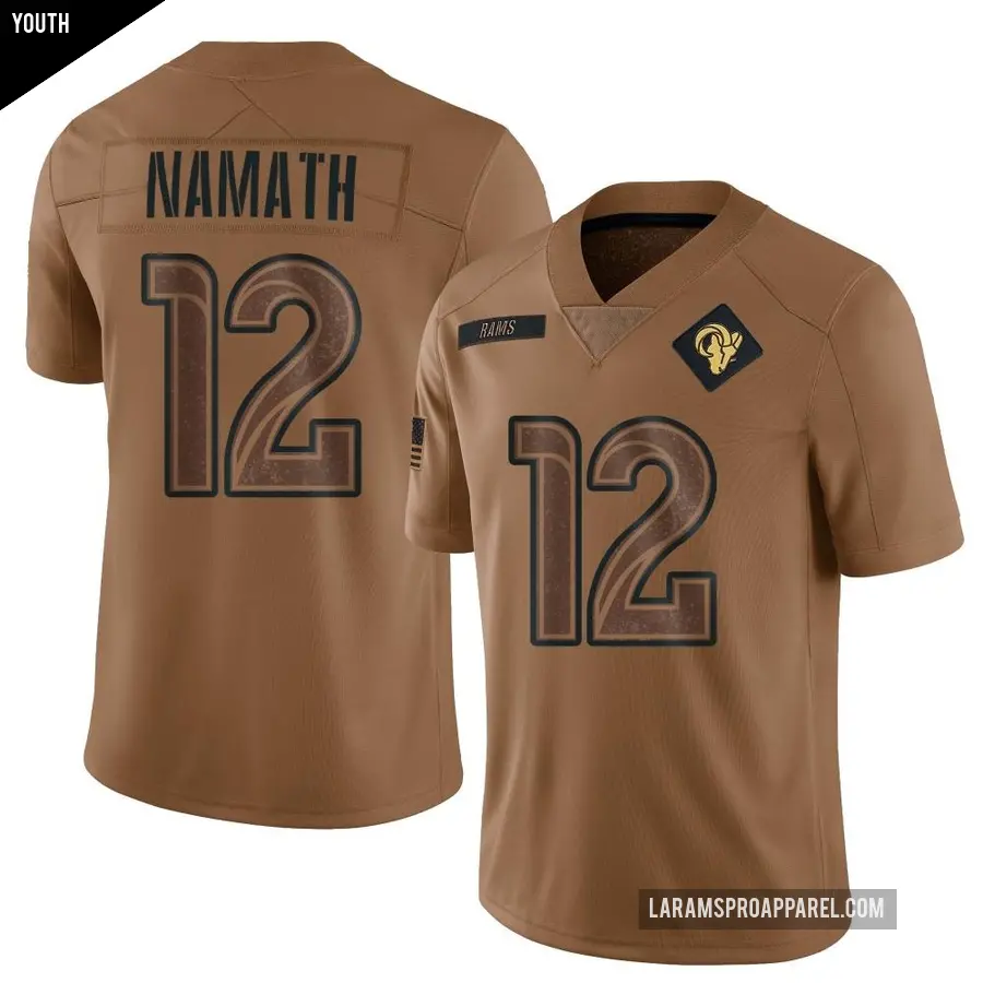 Youth Los Angeles Rams ＃12 Joe Namath Brown Limited 2023 Salute To Service Jersey