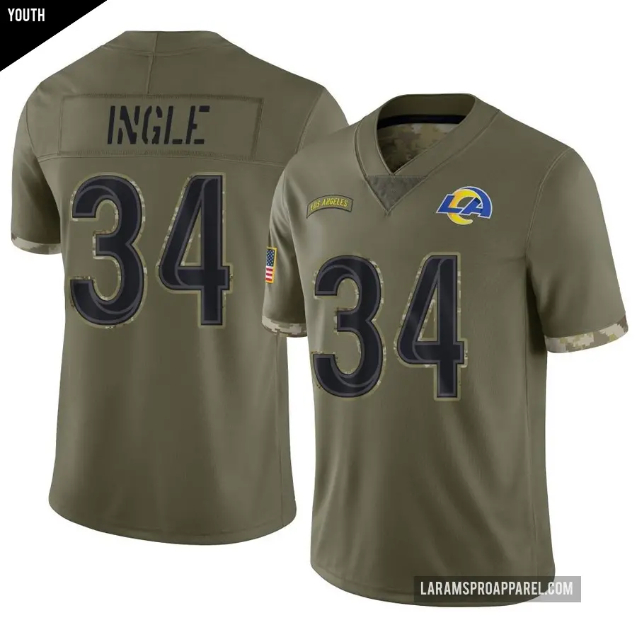 Youth Los Angeles Rams ＃34 Tanner Ingle Olive Limited 2022 Salute To Service Jersey