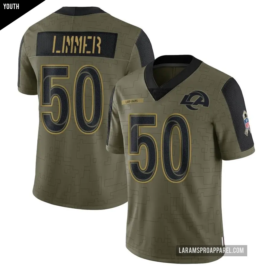 Youth Los Angeles Rams ＃50 Beaux Limmer Olive Limited 2021 Salute To Service Jersey