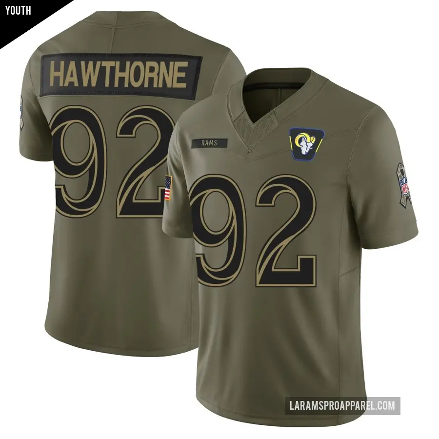 Youth Los Angeles Rams ＃92 Decarius Hawthorne Olive Limited 2025 Salute to Service Jersey